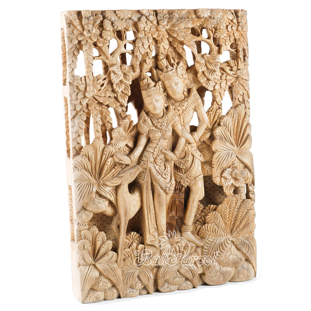 Wooden Wallhanging Rama And Shita, Hand Carved From Suar Wood With Natural Polished