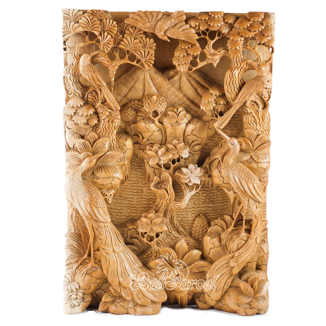 Wooden Wallhanging With Peacock, Hand Carved From Suar Wood With Natural Polished