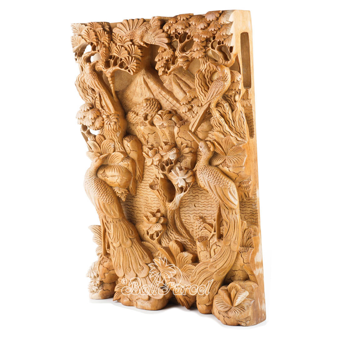 Wooden Wallhanging With Peacock, Hand Carved From Suar Wood With Natural Polished