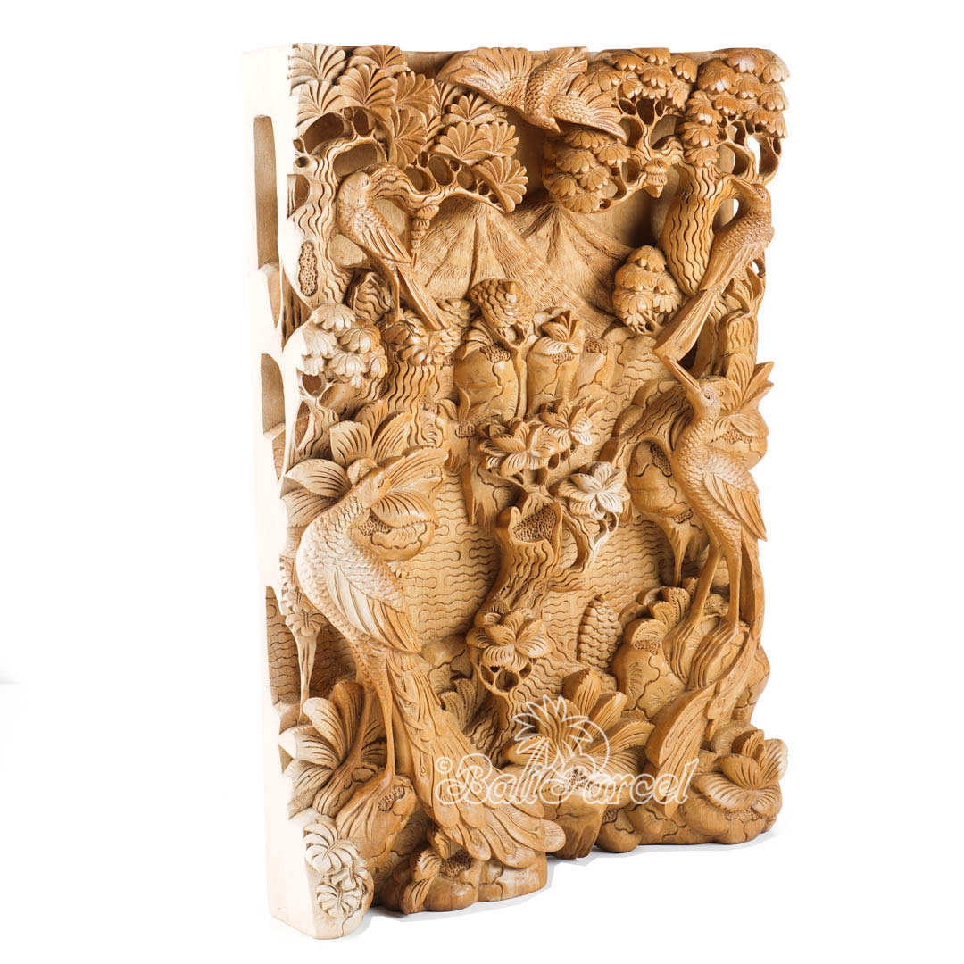 Wooden Wallhanging With Peacock, Hand Carved From Suar Wood With Natural Polished
