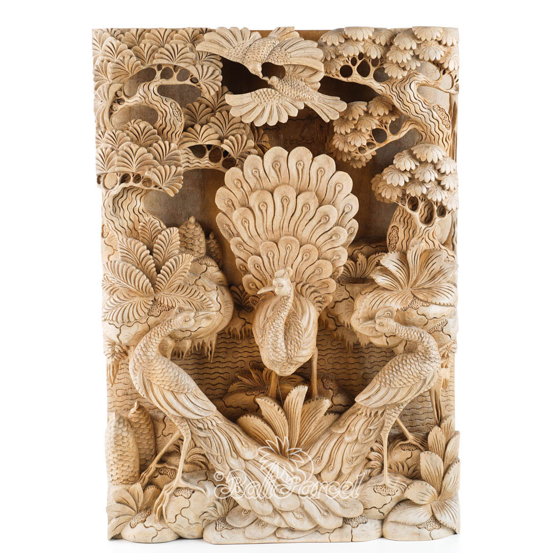 Wooden Wallhanging With Peacock, Hand Carved From Suar Wood With Natural Polished