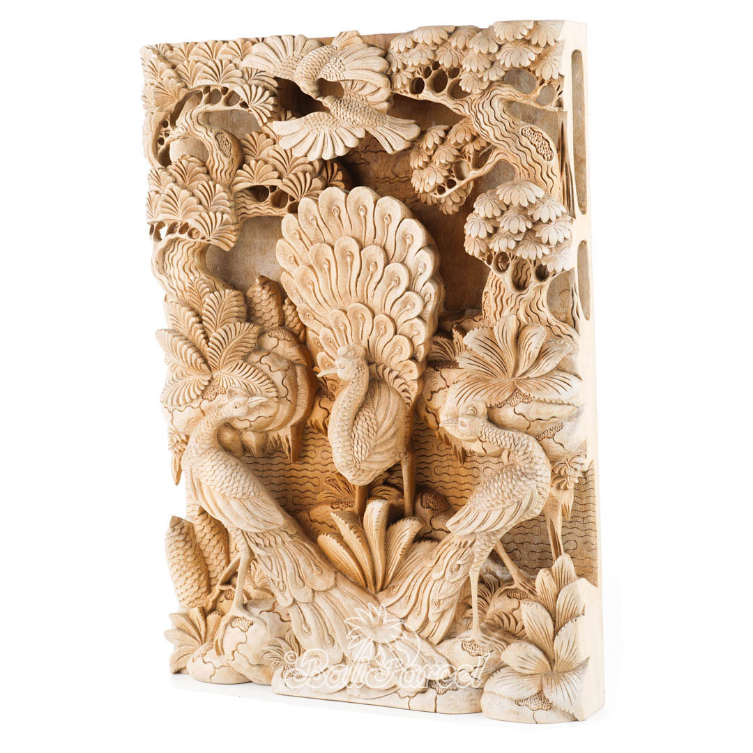 Wooden Wallhanging With Peacock, Hand Carved From Suar Wood With Natural Polished