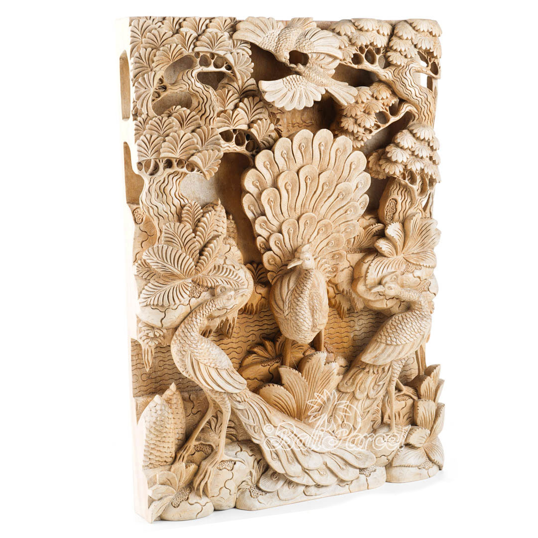 Wooden Wallhanging With Peacock, Hand Carved From Suar Wood With Natural Polished