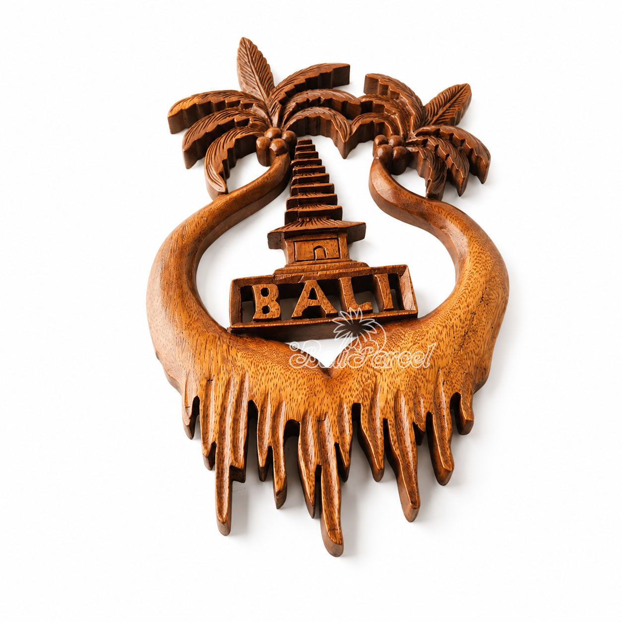 Wooden Wallhanging Coconut Tree With Tample, Handmade From Suar Wood