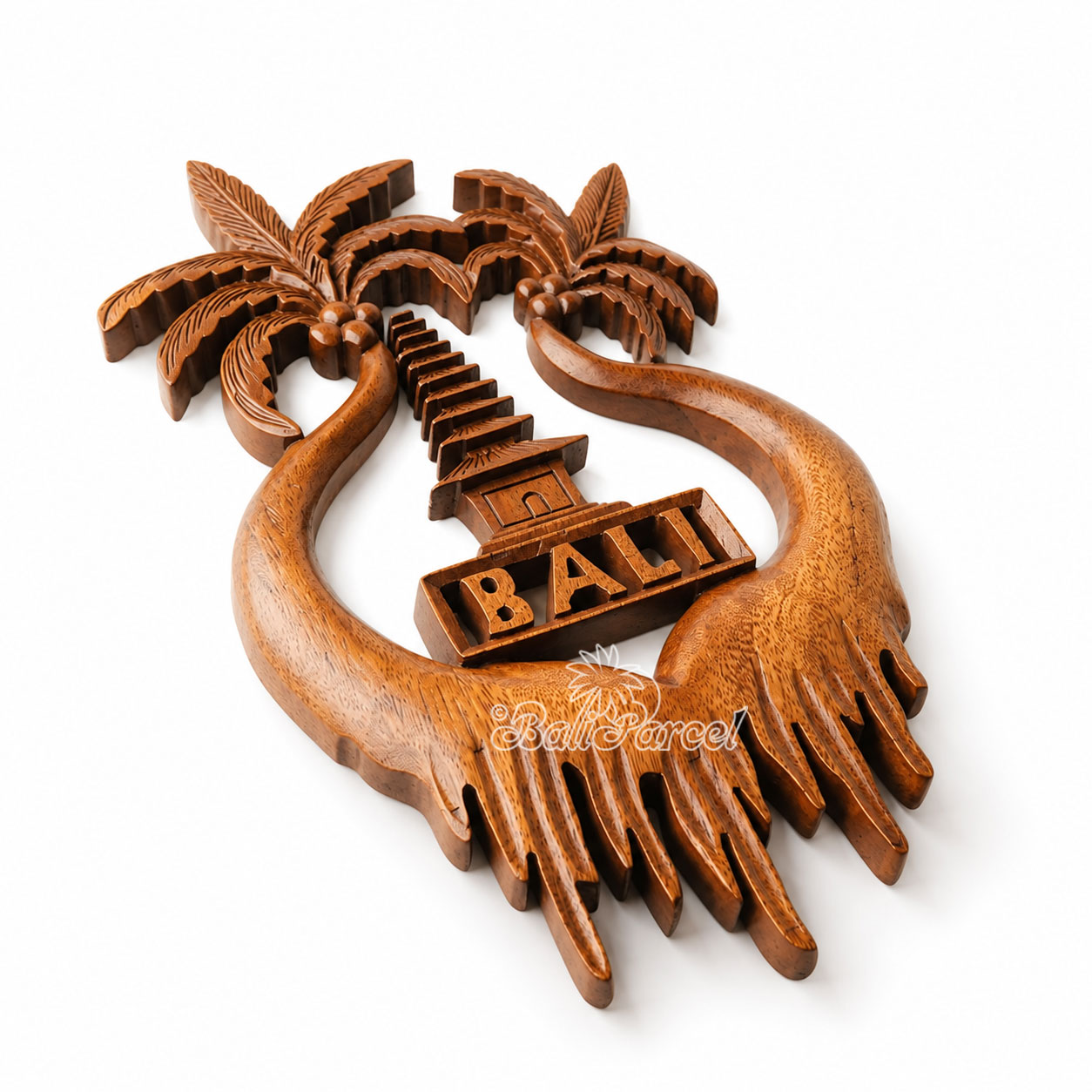 Wooden Wallhanging Coconut Tree With Tample, Handmade From Suar Wood