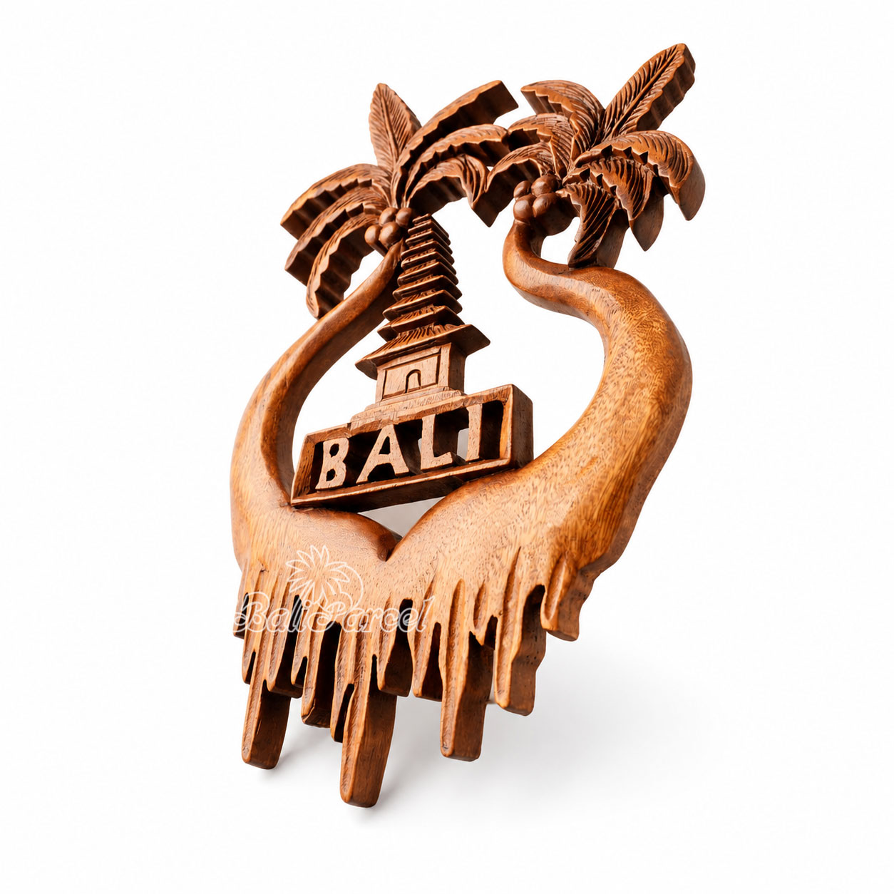 Wooden Wallhanging Coconut Tree With Tample, Handmade From Suar Wood