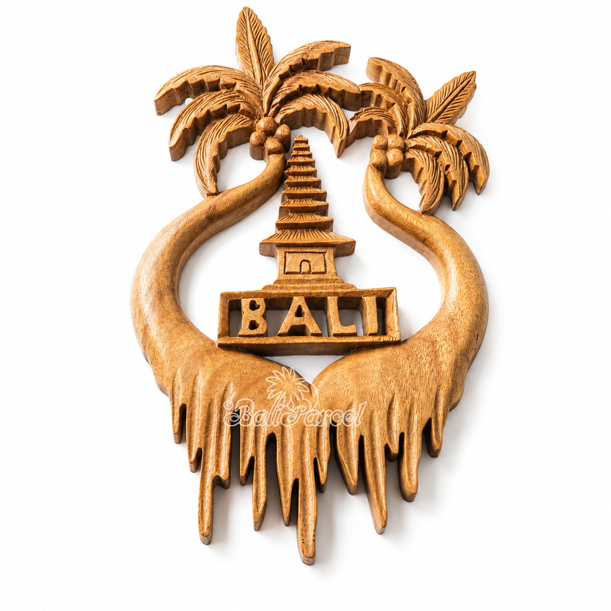 Wooden Wallhanging Coconut Tree With Tample, Handmade From Suar Wood
