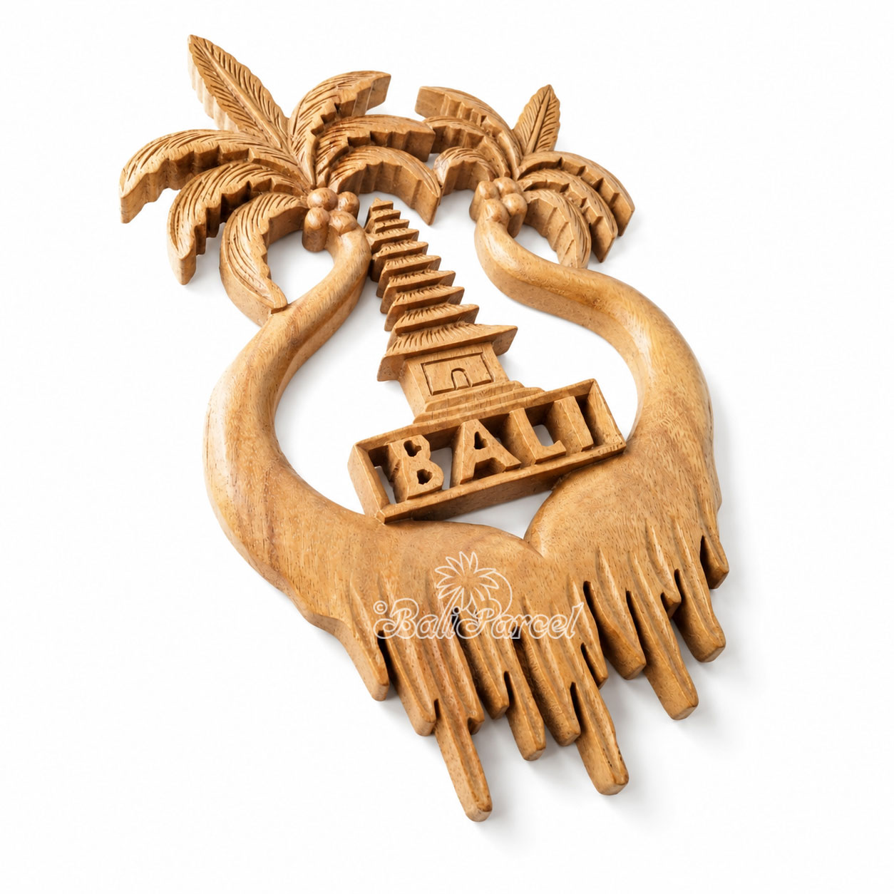Wooden Wallhanging Coconut Tree With Tample, Handmade From Suar Wood