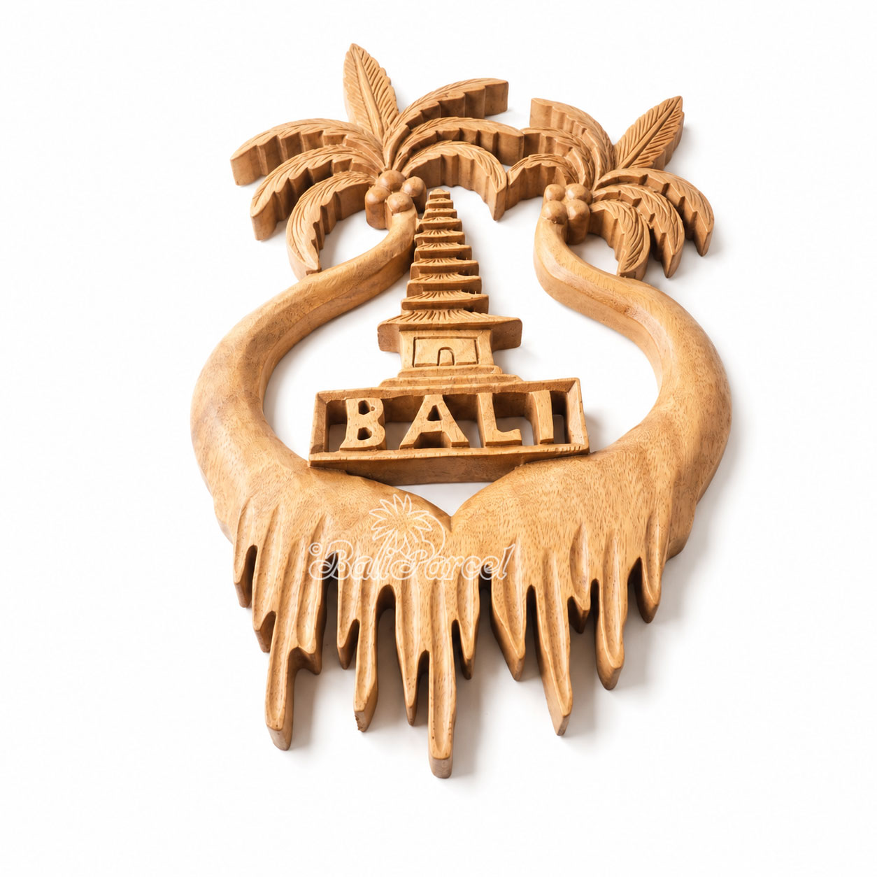 Wooden Wallhanging Coconut Tree With Tample, Handmade From Suar Wood