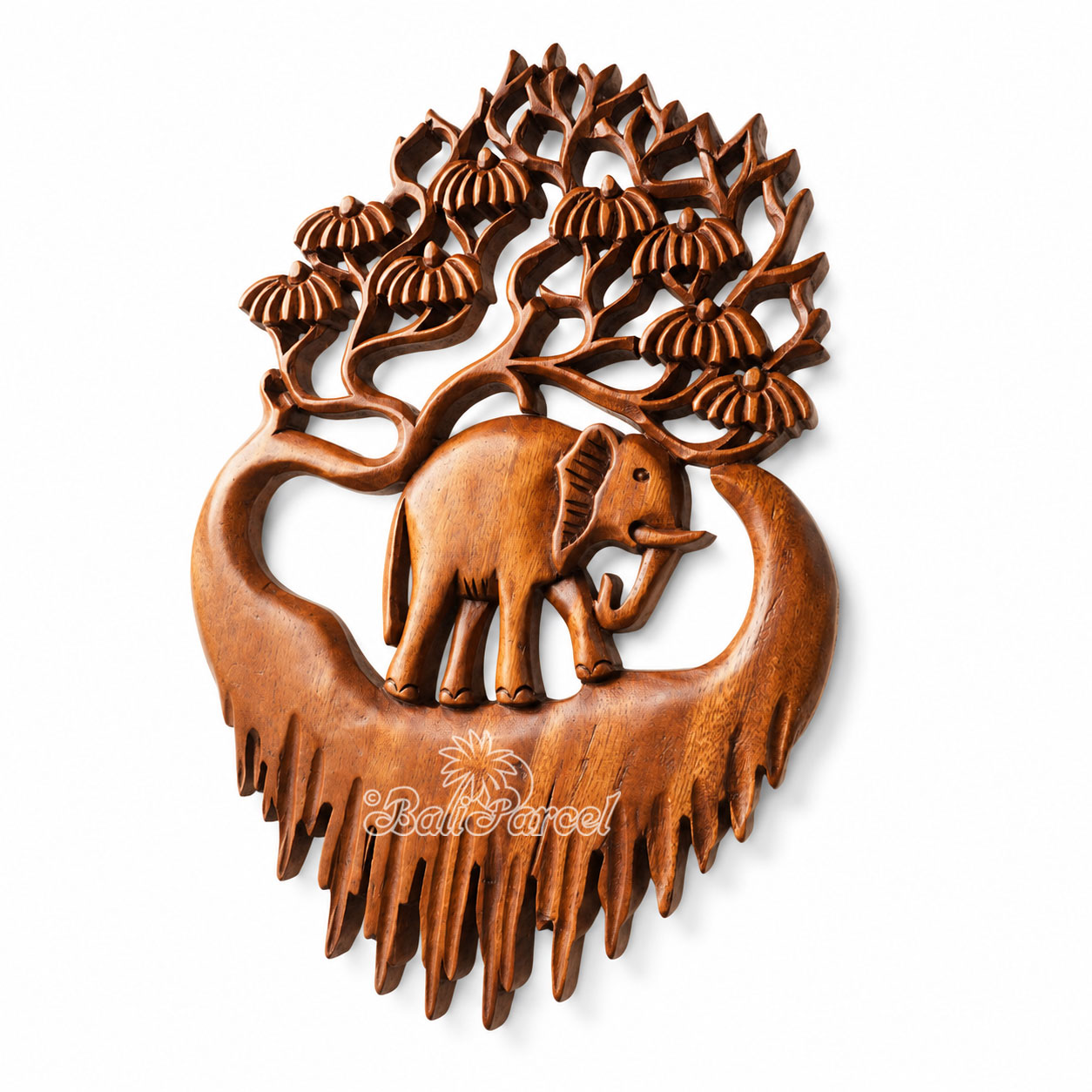 Wooden Wallhanging Leaf With Elephant, Handmade From Suar Wood