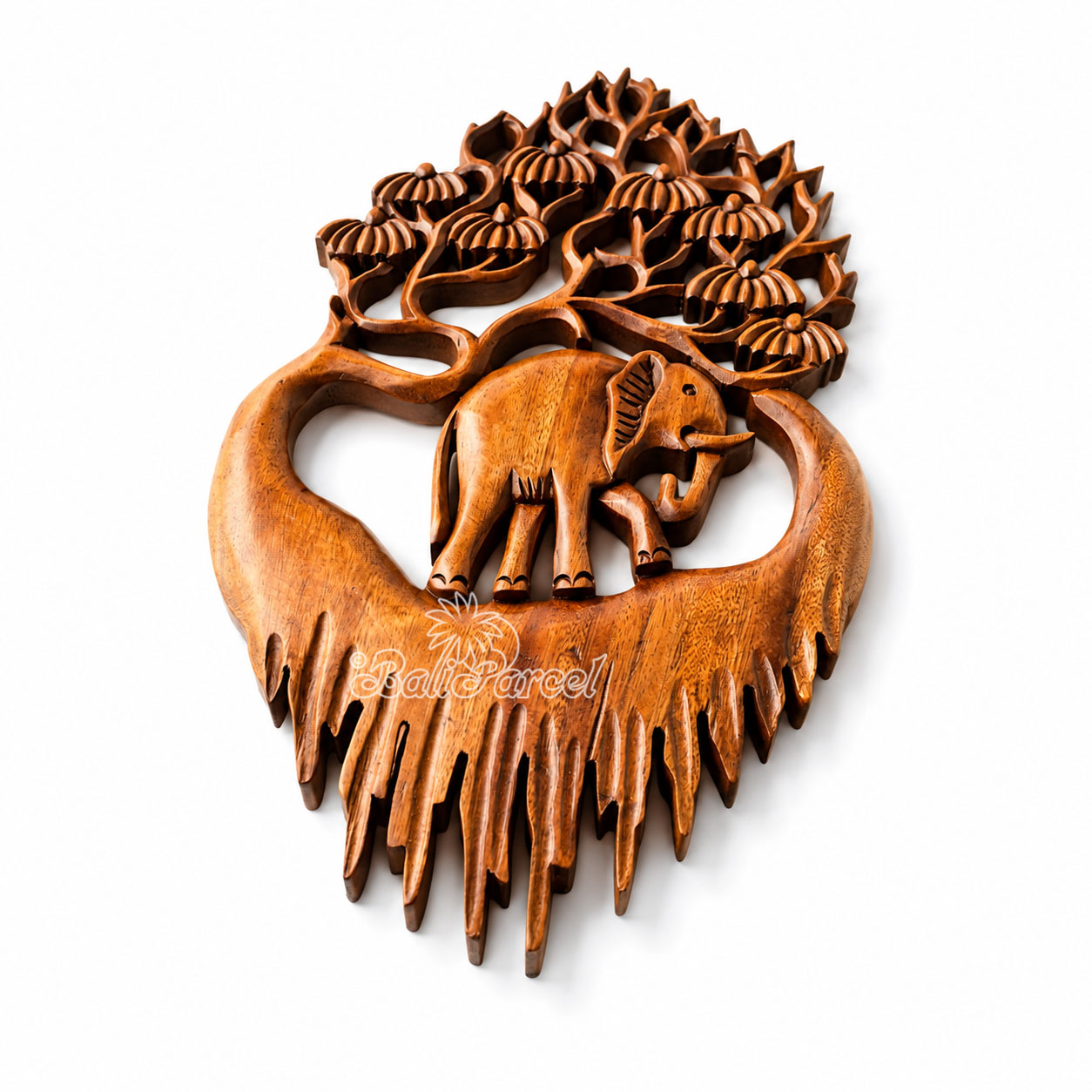 Wooden Wallhanging Leaf With Elephant, Handmade From Suar Wood