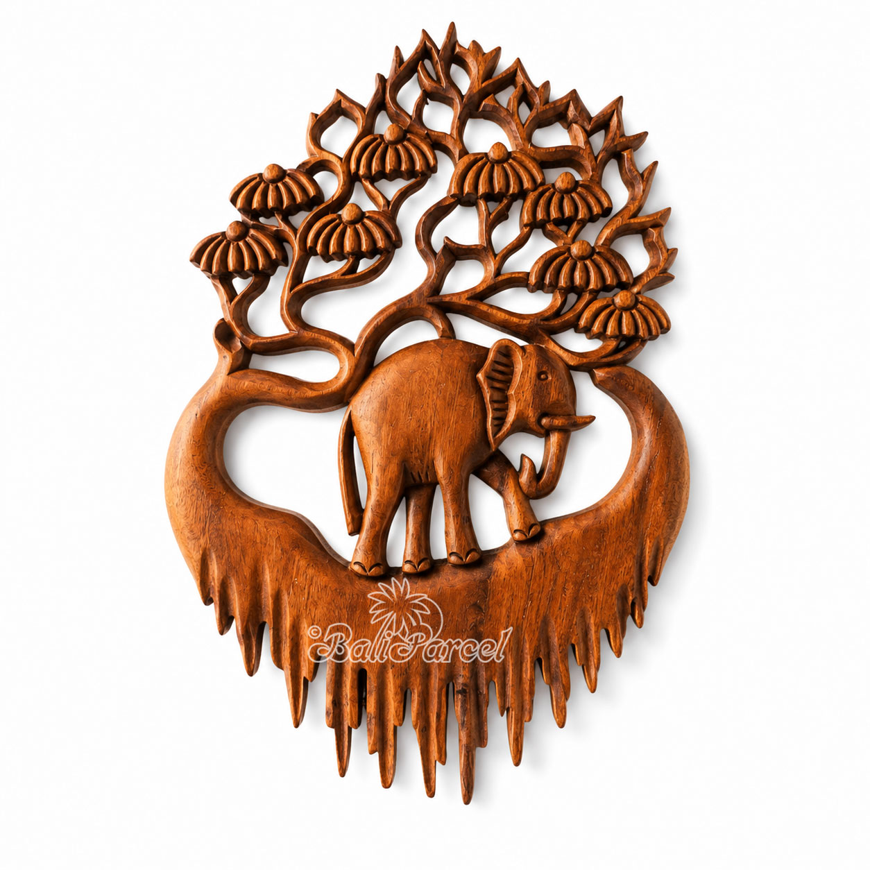 Wooden Wallhanging Leaf With Elephant, Handmade From Suar Wood
