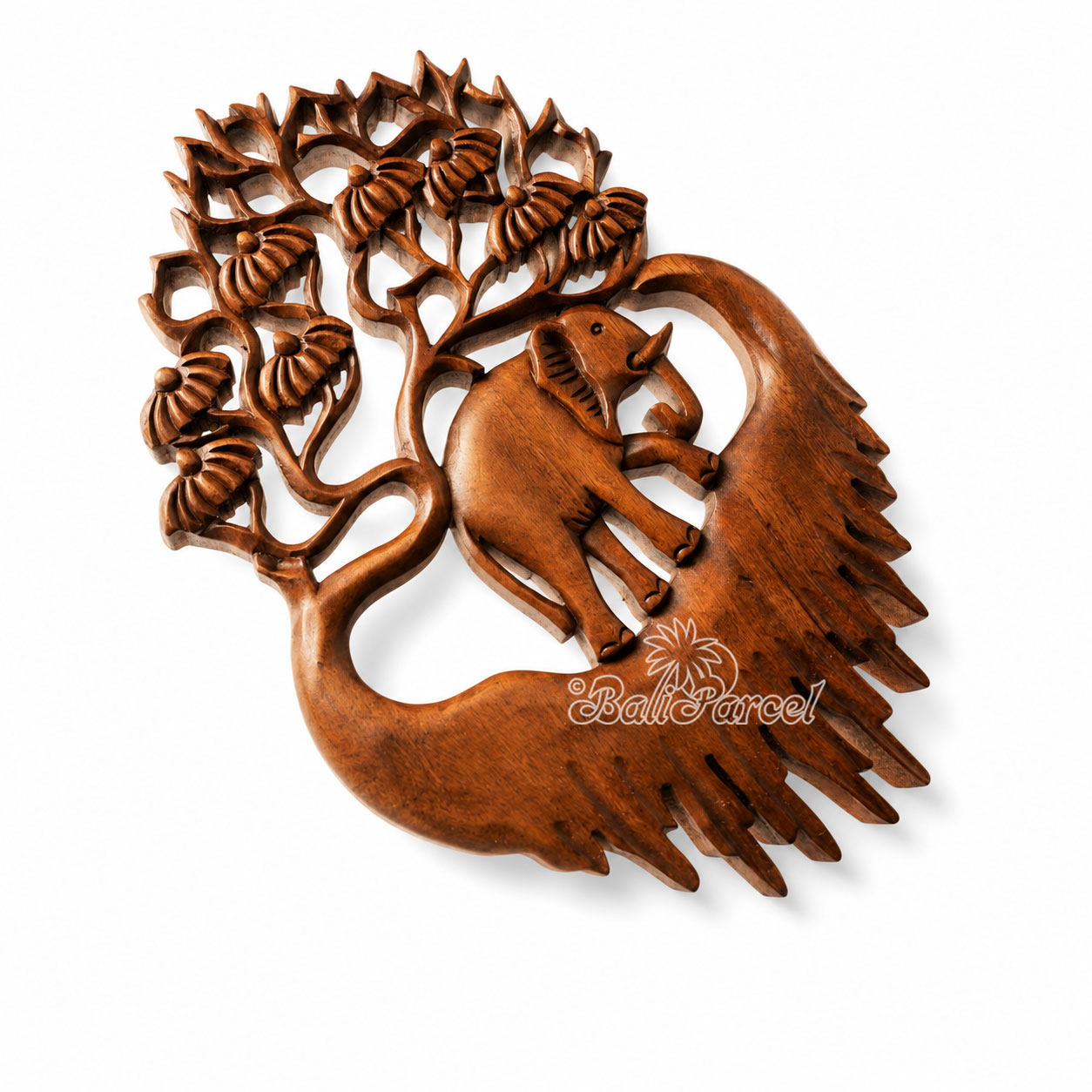 Wooden Wallhanging Leaf With Elephant, Handmade From Suar Wood